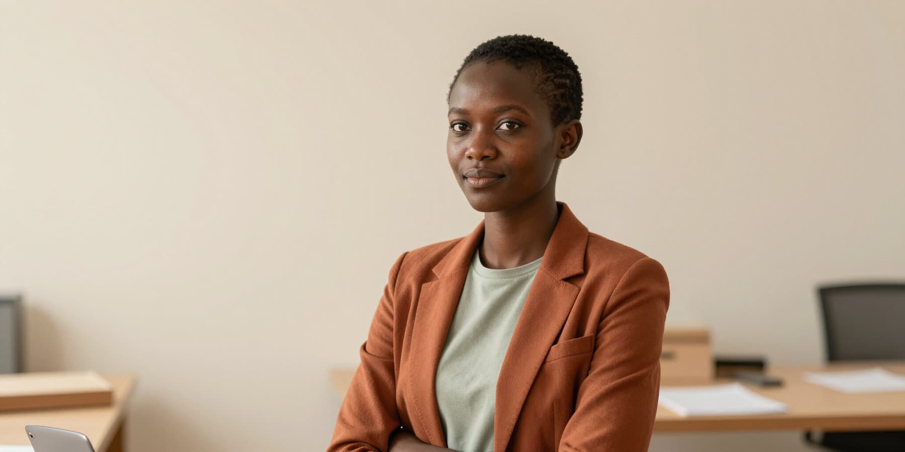 A young professional woman seated in an office
