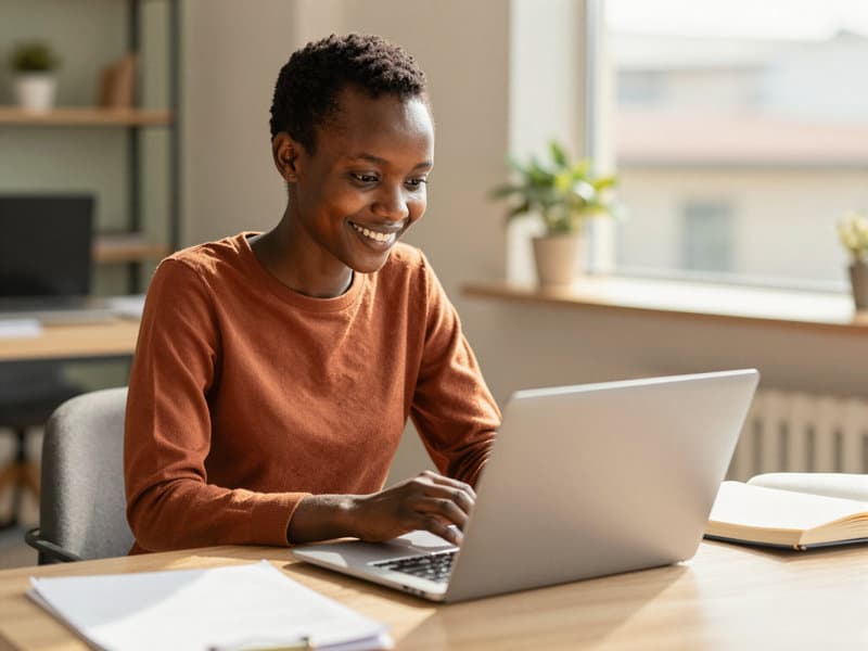 A young woman smiling while working on a laptop
