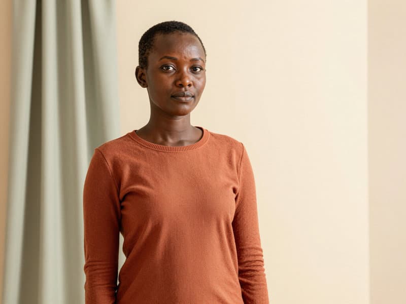 A young woman standing in a bright room